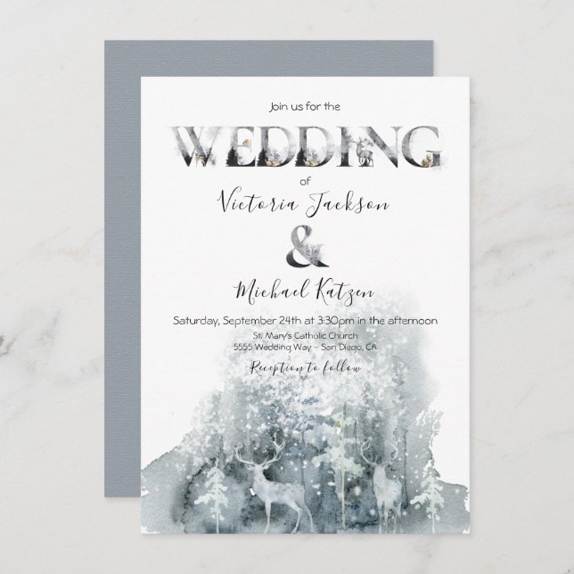 Winter woodland forest watercolor wedding invitation (Front/Back)