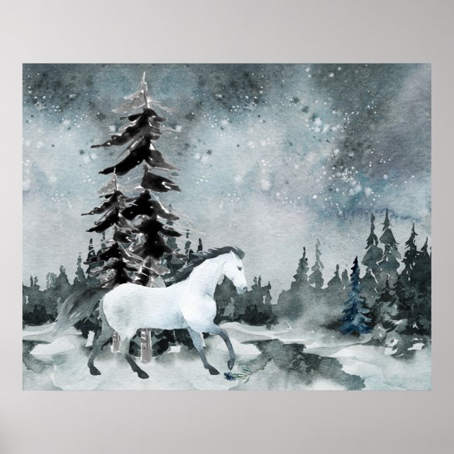 Winter Woodland Forest White Horse Night Sky Poster (Front)