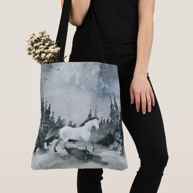 Winter Woodland Forest White Horse Night Sky Tote Bag (Close Up)