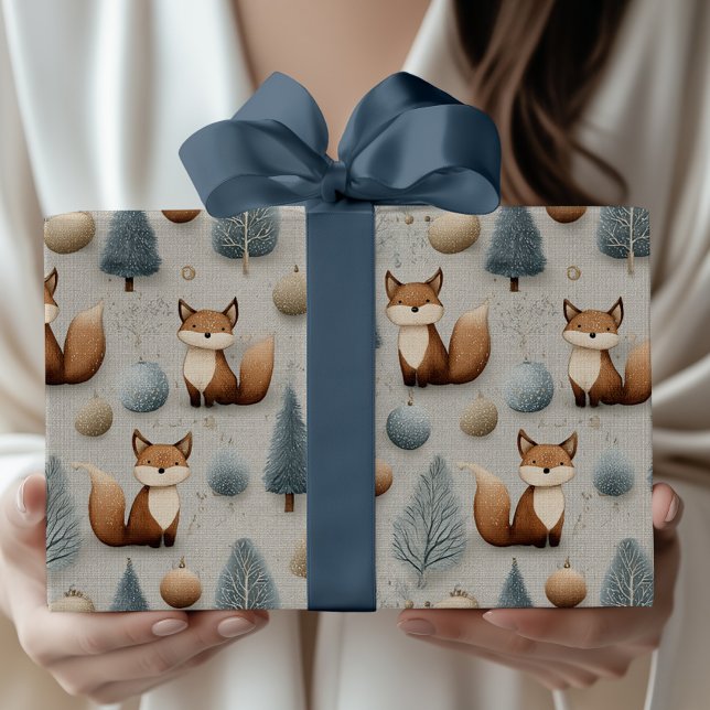 Winter Woodland Fox and Christmas Tree in Blue Wrapping Paper (Creator Uploaded)