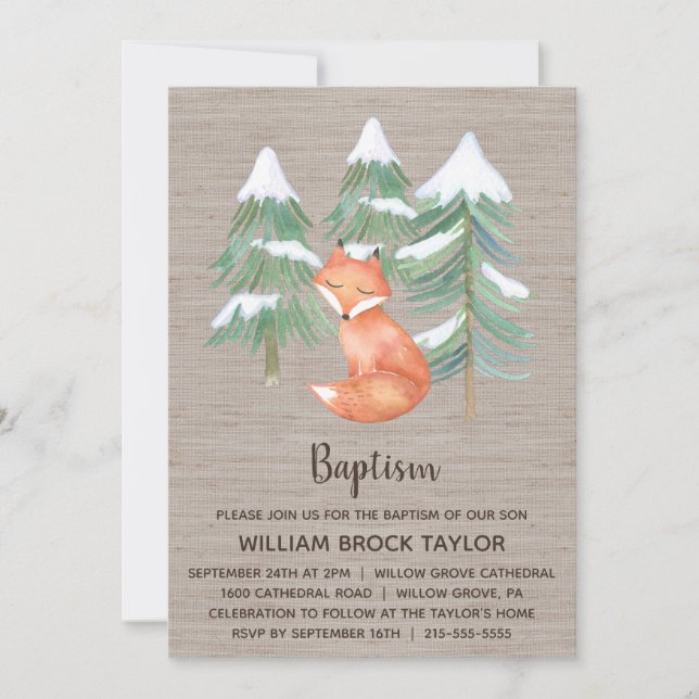 Winter Woodland Fox Baptism Invitation (Front)