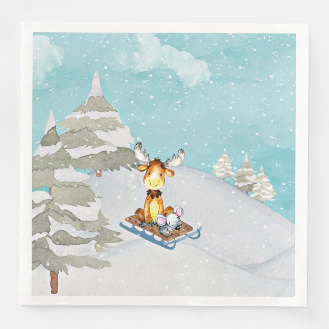 Winter Woodland Friends - Animal Illustration Napkin (Front)