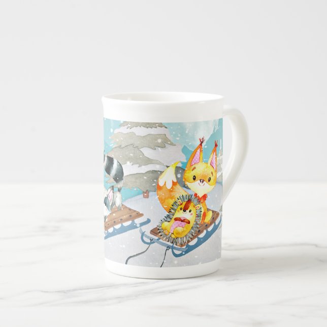 Winter Woodland Friends -Fox Hedgehog Illustration Bone China Mug (Front Right)
