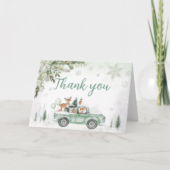 Winter Woodland Green Truck Baby Shower  Thank You Card (Front)