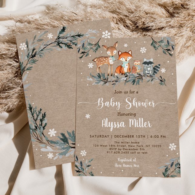 Winter Woodland Greenery Snowflake Baby Shower Invitation (Creator Uploaded)