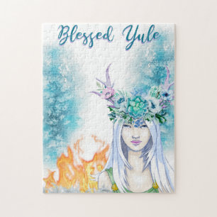 Winter Woodland Maiden Yule Fire Pagan Holiday Jigsaw Puzzle