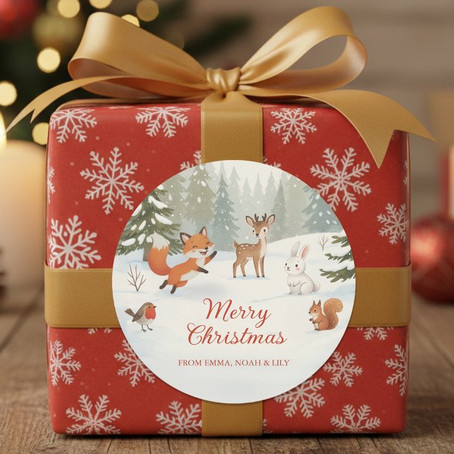 Winter Woodland Merry Christmas Forest Animals Classic Round Sticker (Creator Uploaded)