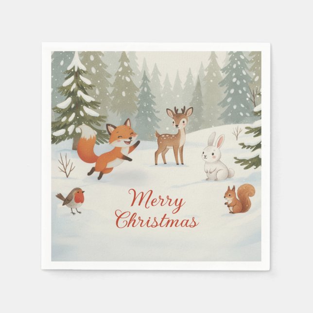 Winter Woodland Merry Christmas Forest Animals Napkin (Front)