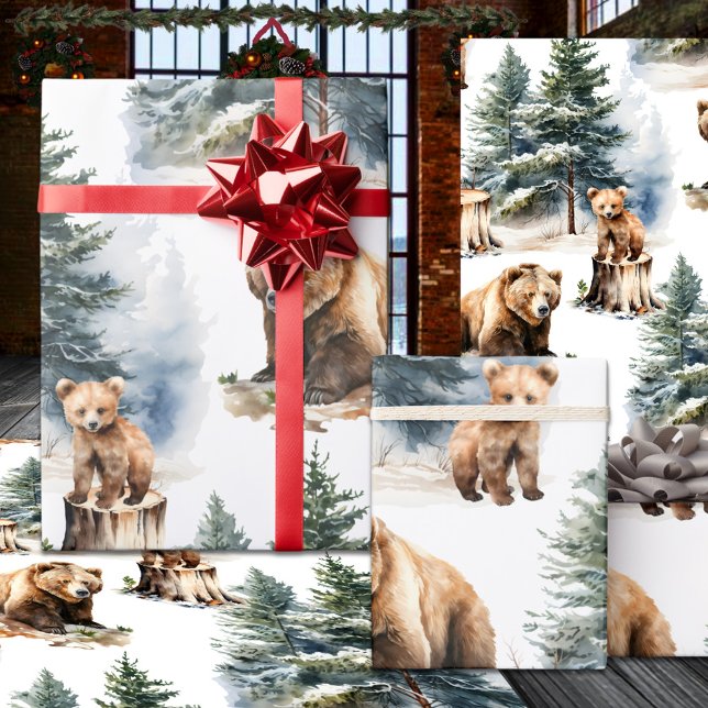 Winter Woodland Mother & Cub Grizzly Bear Country Wrapping Paper (Winter Woodland Mother & Cub Grizzly Bear Country Wrapping Paper Rolls)