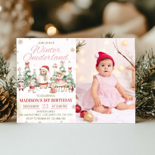 Winter Woodland Onederland Girl Birthday Photo Invitation