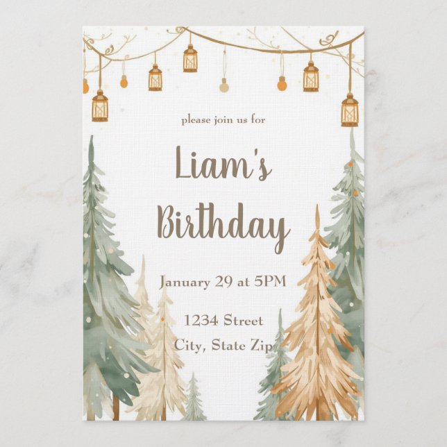 Winter Woodland Photo Birthday Invitation – Pastel (Front)