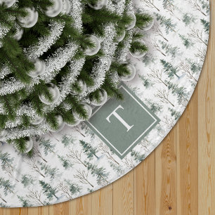 Winter Woodland Pine Tree Pattern Monogram Brushed Polyester Tree Skirt
