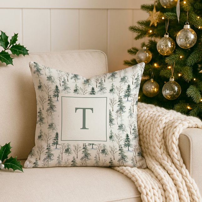 Winter Woodland Pine Tree Pattern Monogram Cushion (Creator Uploaded)