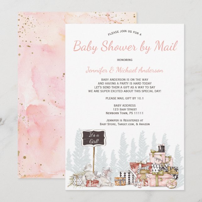 Winter Woodland Pink Bunny Baby Shower By Mail Invitation (Front/Back)