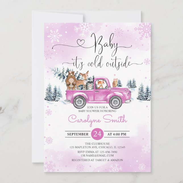 Winter Woodland Pink Truck Baby Shower Invitation (Front)