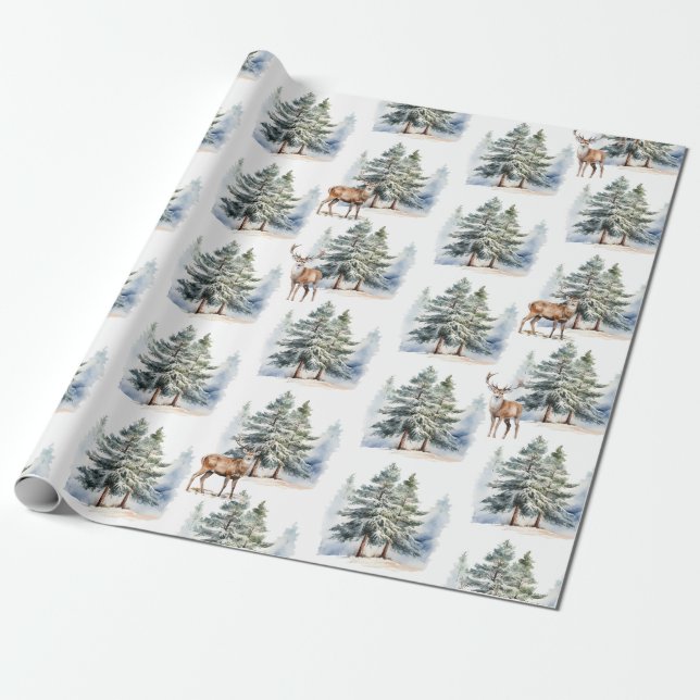 Winter Woodland Reindeer In The Pine Forest Wrapping Paper (Unrolled)