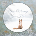 Winter Woodland Scene Fox Classic Round Sticker<br><div class="desc">Personalise your message on this chic holiday sticker featuring a fox on a winter scene woodland background.</div>