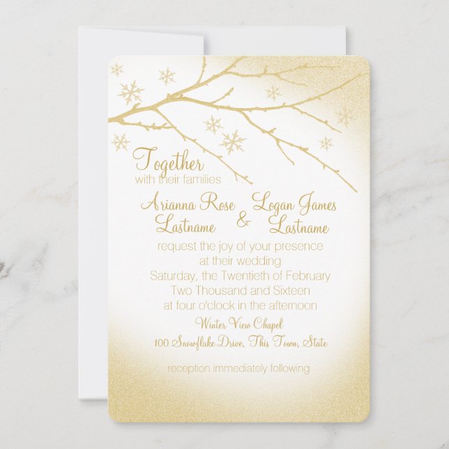 Winter Woodland Snowflakes Gold Wedding Invitation (Front)