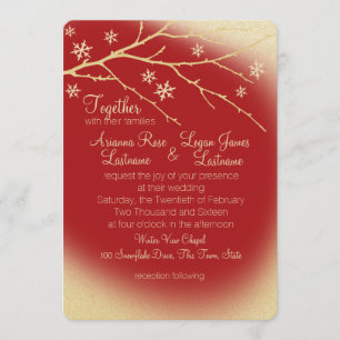 Winter Woodland Snowflakes Red and Gold Wedding Invitation