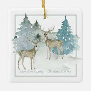 Winter Woodland Stag Deer Personalized Christmas Ceramic Ornament
