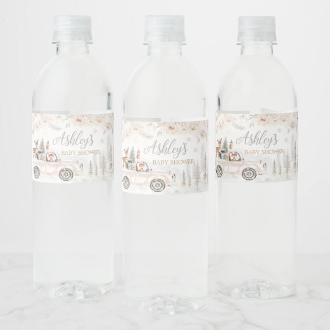 Winter Woodland Truck Baby Shower Water Bottle Label (Bottles)