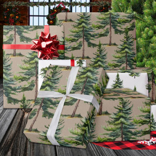 Winter Woodland Watercolour Pine Tree Forest Kraft Wrapping Paper