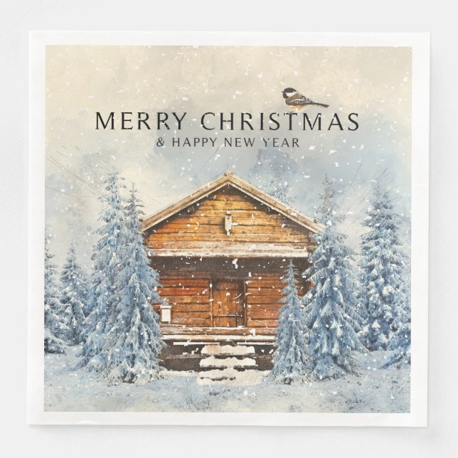 Winter Woodland Winter Cabin Chickadee -Christmas Napkin (Front)