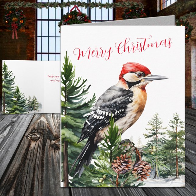 Winter Woodland Woodpecker In A Pine Tree Forest Holiday Card (Winter Woodland Woodpecker In A Pine Tree Forest Holiday Card)