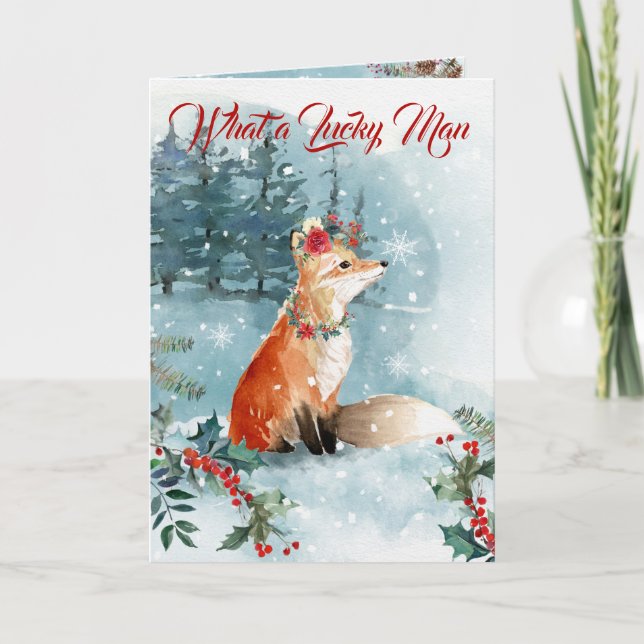 Winter Woodlands Fox Blue Modern Snow Watercolor Holiday Card (Front)