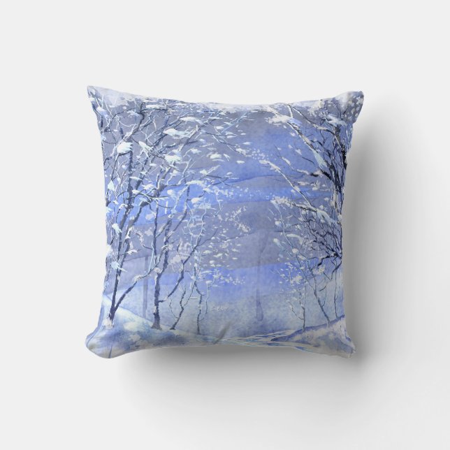 Winter Woods Watercolor Painting Throw Pillow (Front)