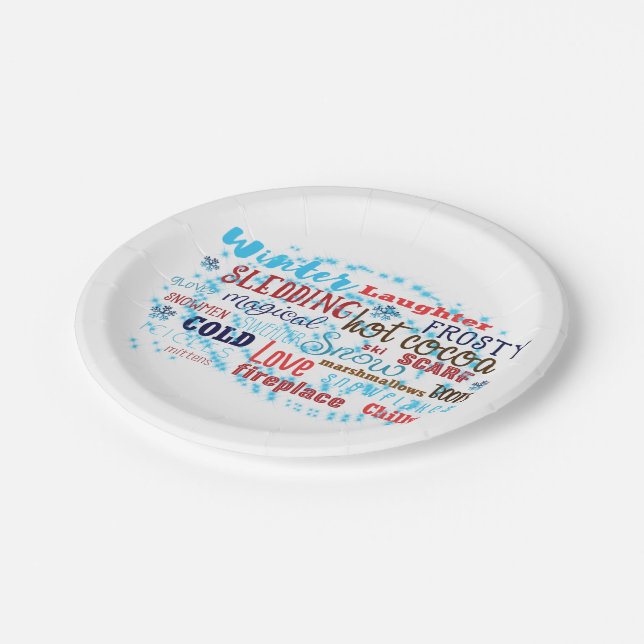 Winter Words Typography Fun Holiday Party Plates (Angled)