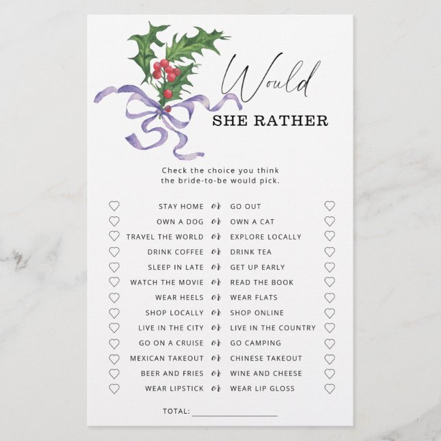 Winter Would she rather bridal shower game (Front)