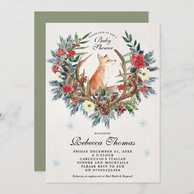 winter wreath and fox baby shower invitation (Front/Back)