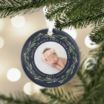 Winter Wreath | Baby's First Christmas Photo Ornament<br><div class="desc">A perfect gift for new parents, this elegant acrylic Christmas ornament features front and back photos encircled by a wreath of dark green leaves and red berries. "[Name's] first Christmas" curves over the top of each photo, with the year beneath. Customise this round ornament with a treasured photo on each...</div>