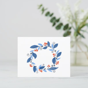 Winter wreath. Blue leaves and red berries Postcard