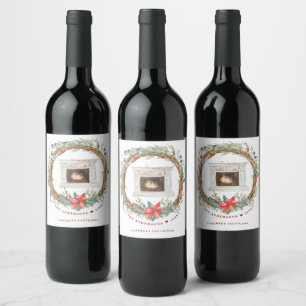 Winter Wreath Cosy Fireplace Merry Christmas Wine Label