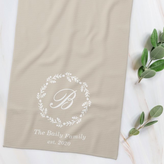 Winter Wreath Family Name Monogram Beige Tea Towel (Creator Uploaded)
