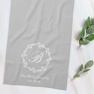Winter Wreath Family Name Monogram Grey Tea Towel