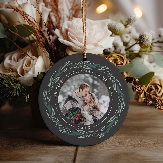 Winter Wreath | First Married Christmas Photo Ceramic Tree Decoration (Creator Uploaded)