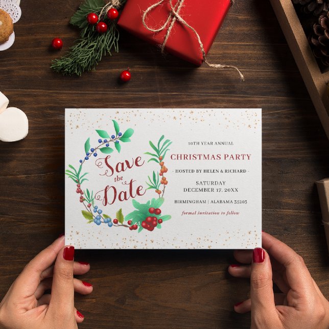 Winter Wreath & Gold Christmas Save the Date Invitation Postcard (Creator Uploaded)