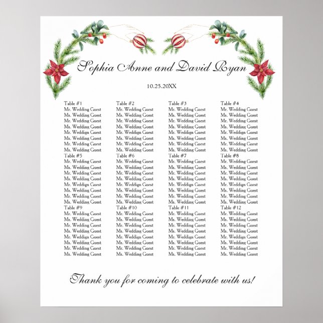 Winter Wreath Holidays Wedding Seating Chart (Front)