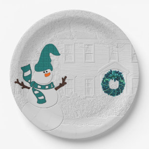 Winter Wreath in Teal with Snowman Holiday House Paper Plate
