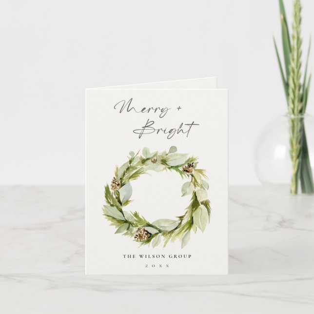 Winter Wreath Merry & Bright Christmas Logo Holiday Card (Front)