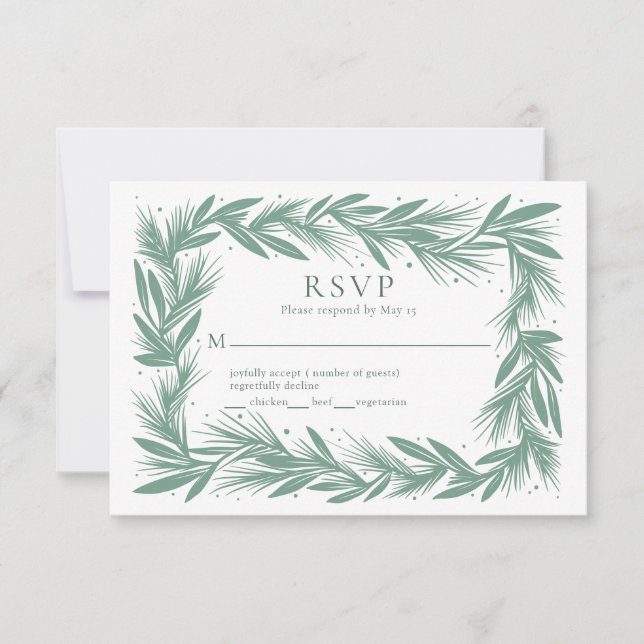 Winter Wreath Modern Wedding RSVP Card Green (Front)