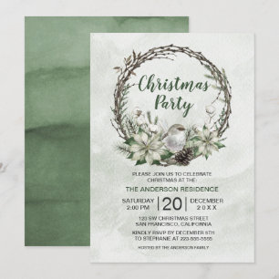 Winter Wreath Poinsettia & Bird Christmas Invitation