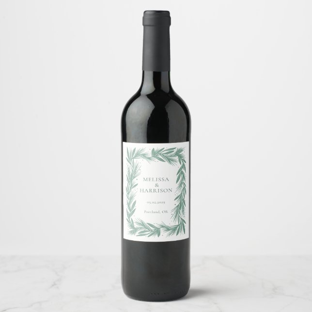 Winter Wreath Wedding Design Green Wine Label (Front)