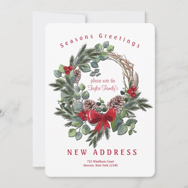 Winter Wreath With Red Bow Change of Address Card (Front)