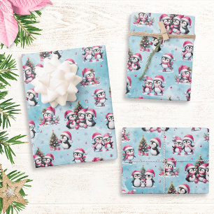 Winter Xmas Blue and Pink Cute Penguin Christmas Wrapping Paper Sheet