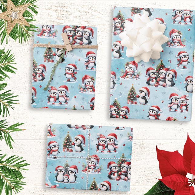 Winter Xmas Blue and Red Cute Penguins Christmas Wrapping Paper Sheet (Creator Uploaded)
