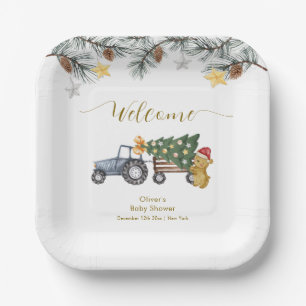Winter X'mas Tree Tractor Bear Baby Shower Welcome Paper Plate